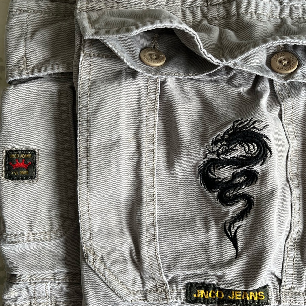 Vintage 90s JNCO Jeans Shorts Gray Cargo Pants with Dragon Embroidery 36